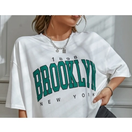 Oversized Women Tshirt 1898 Brooklyn Print New York Letter Drop Shoulder Priting T-Shirt Vintage Simple Clothes Female T Shirt